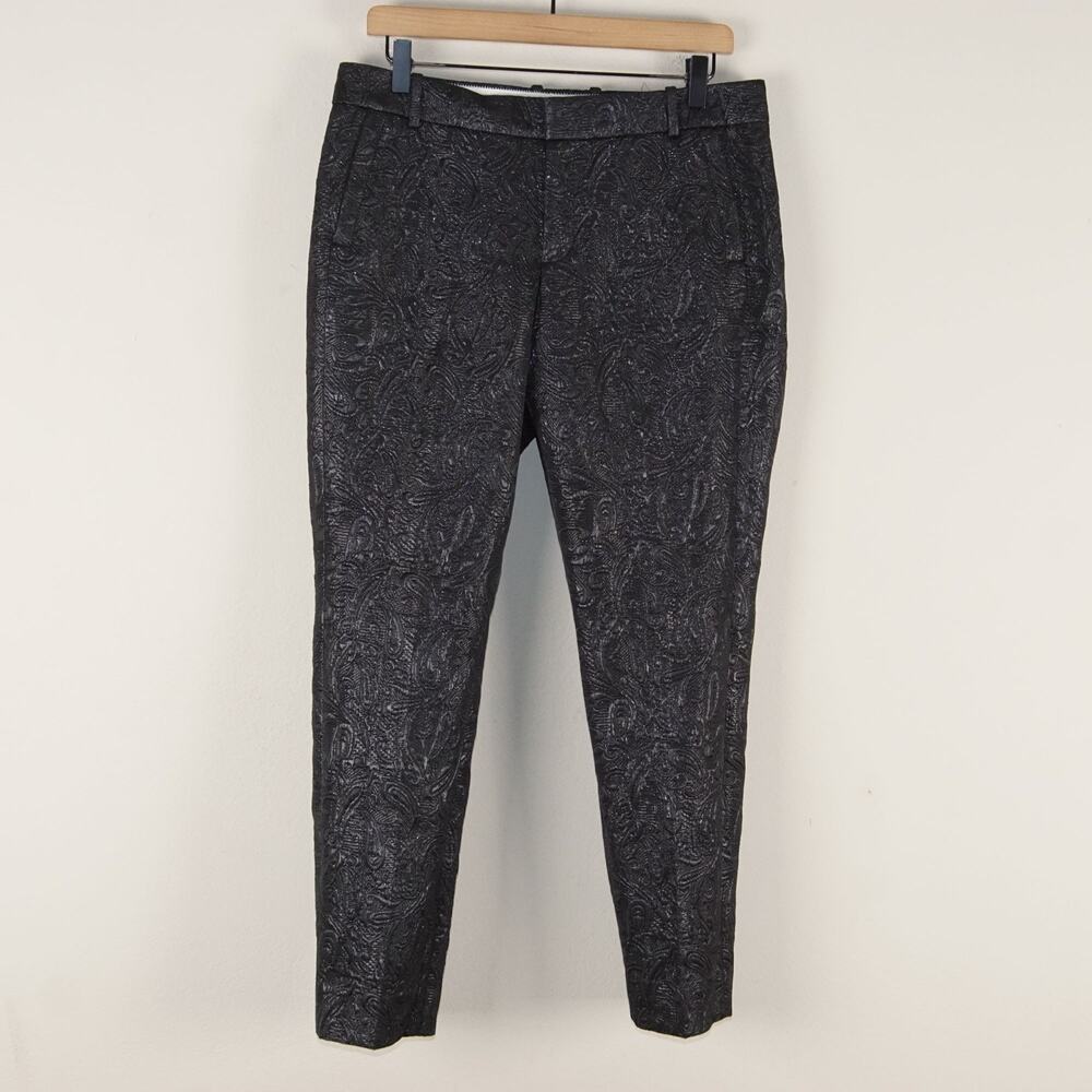 J Crew Brocade Textured Black Paisley Jacquard Metallic Tapered Ankle Pants Sz 8